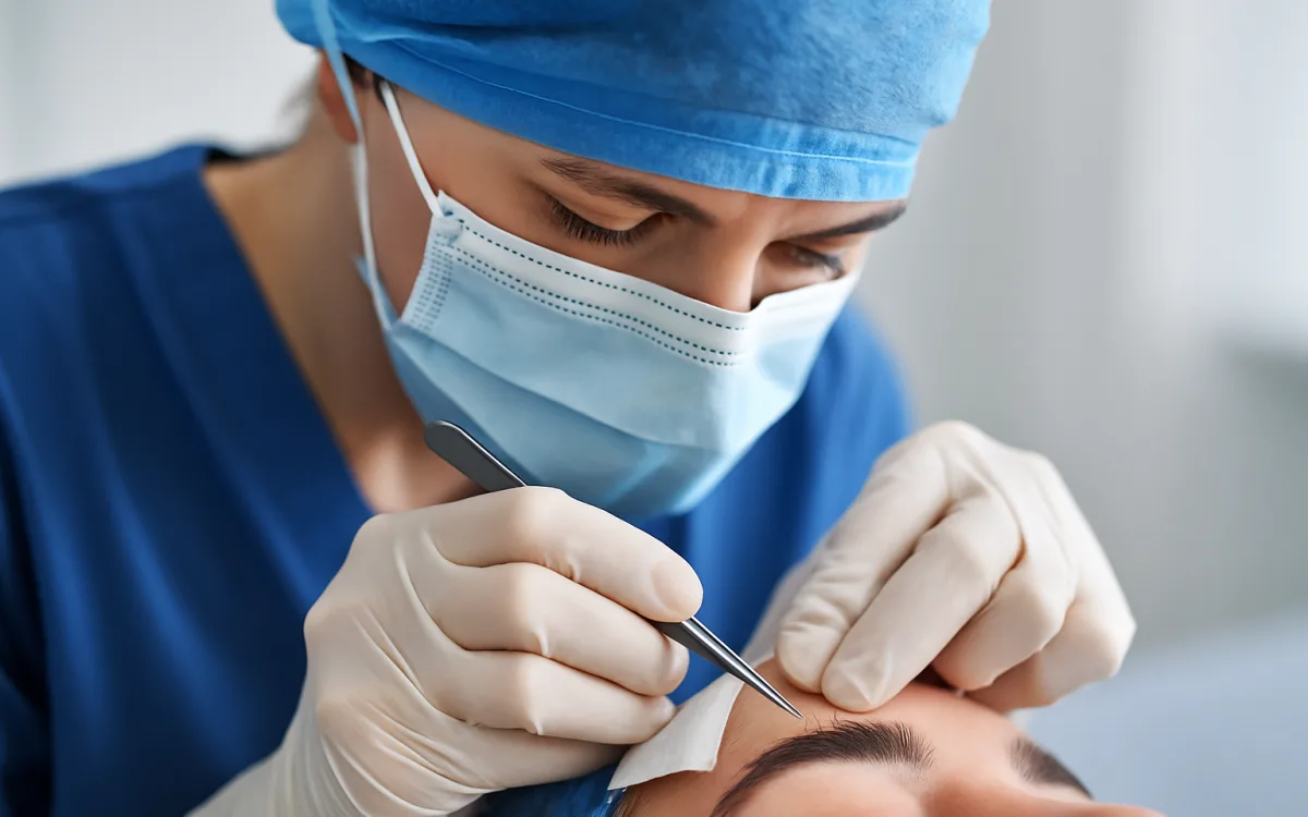 A close-up photograph showing a surgeon carefully placing tiny grafts into a patient’s eyebrow area using fine instruments.