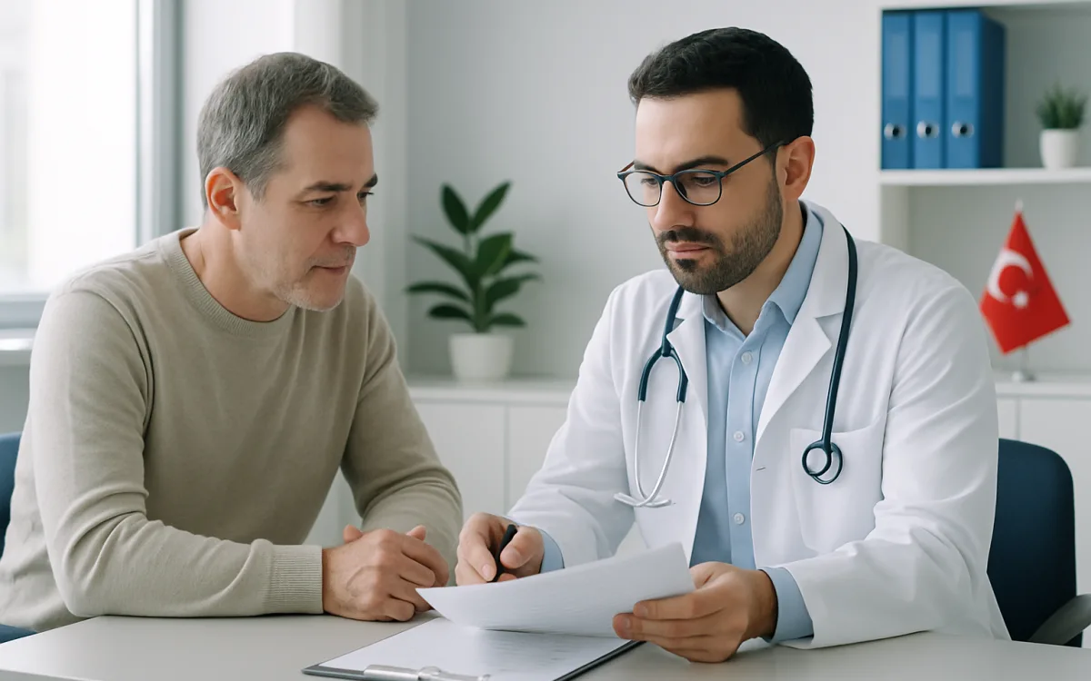 A patient and doctor in consultation at a Turkish hair transplant clinic, reviewing documents together in a modern clinic setting.