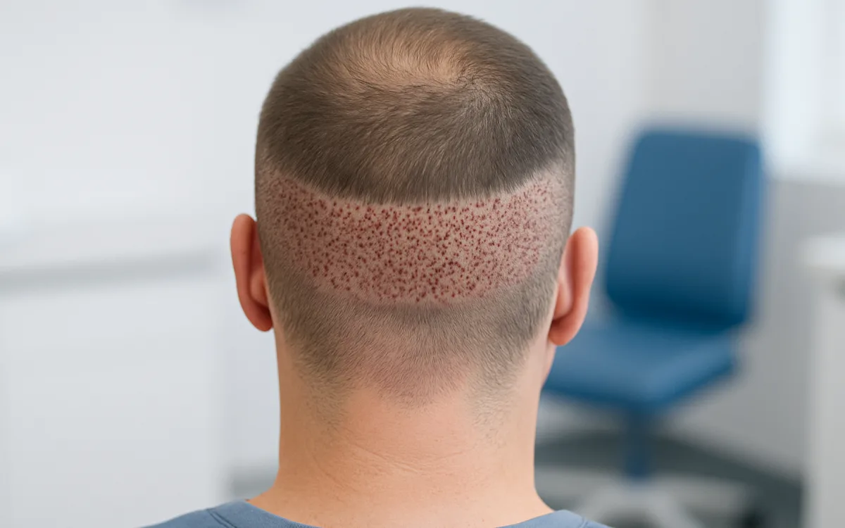 A high-resolution photo showing the back of a man’s head under bright clinical lighting, focusing on the natural density of the donor area.