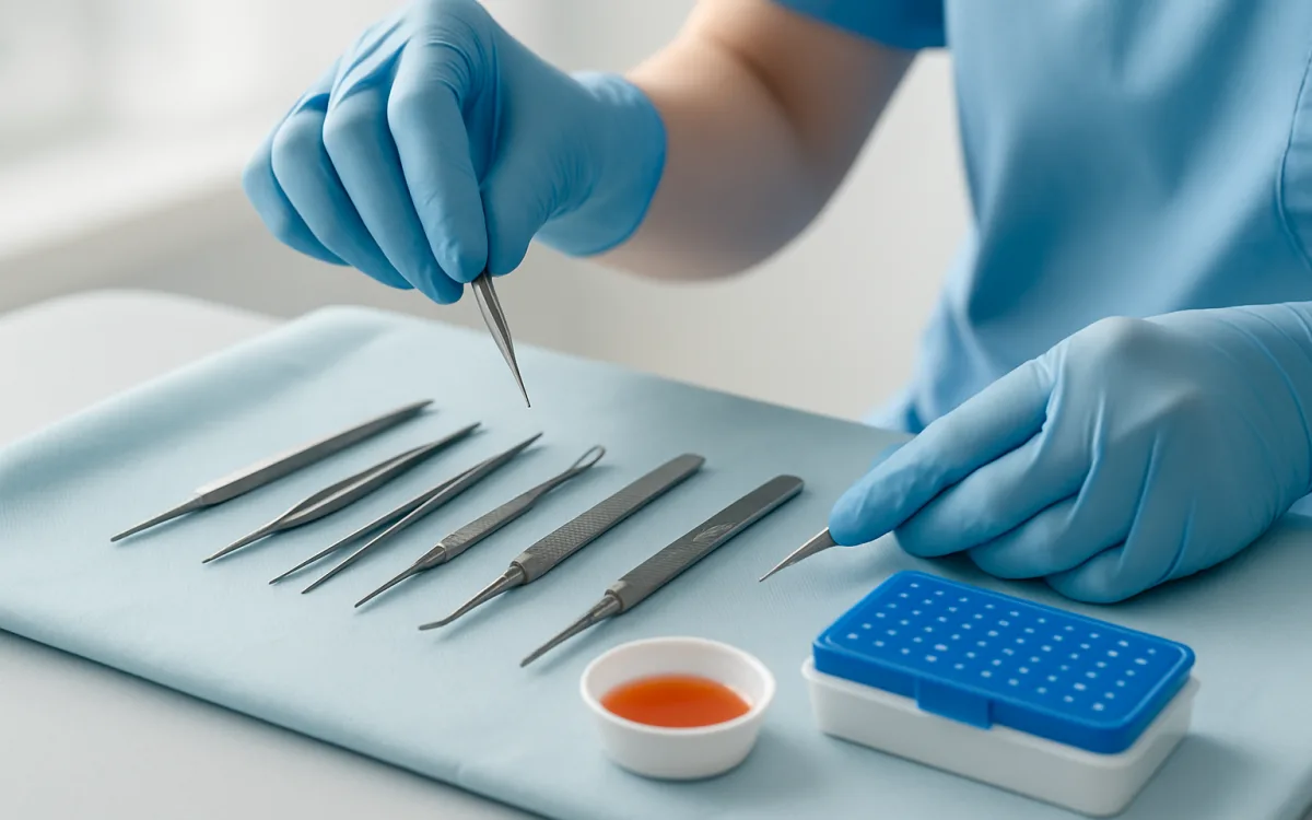 A close-up photo of gloved medical staff preparing micro-instruments for a hair transplant procedure, showing tools but not faces.