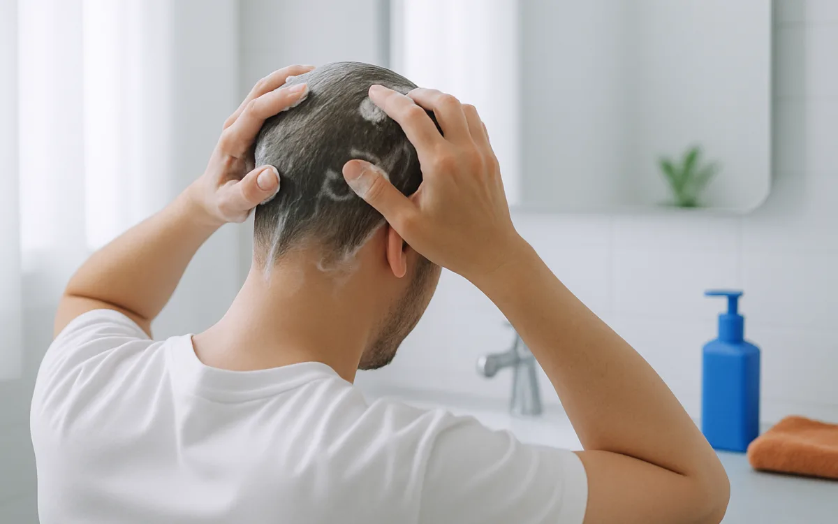 A person gently washing their scalp in a bright bathroom, focusing on careful aftercare following a hair transplant.