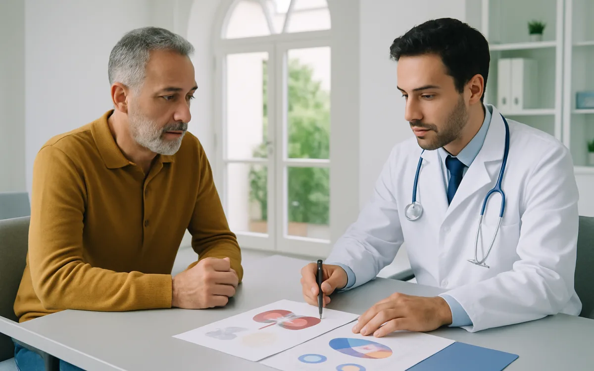 A patient consults with a hair transplant surgeon in a modern Turkish clinic, discussing a treatment plan with diagrams in the background.