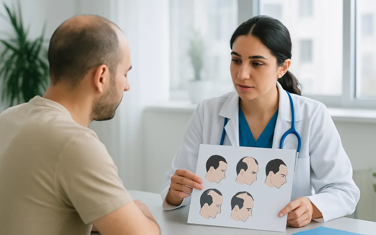 A patient consulting with a Turkish hair transplant surgeon in a modern clinic, showing diagrams of hair loss patterns.