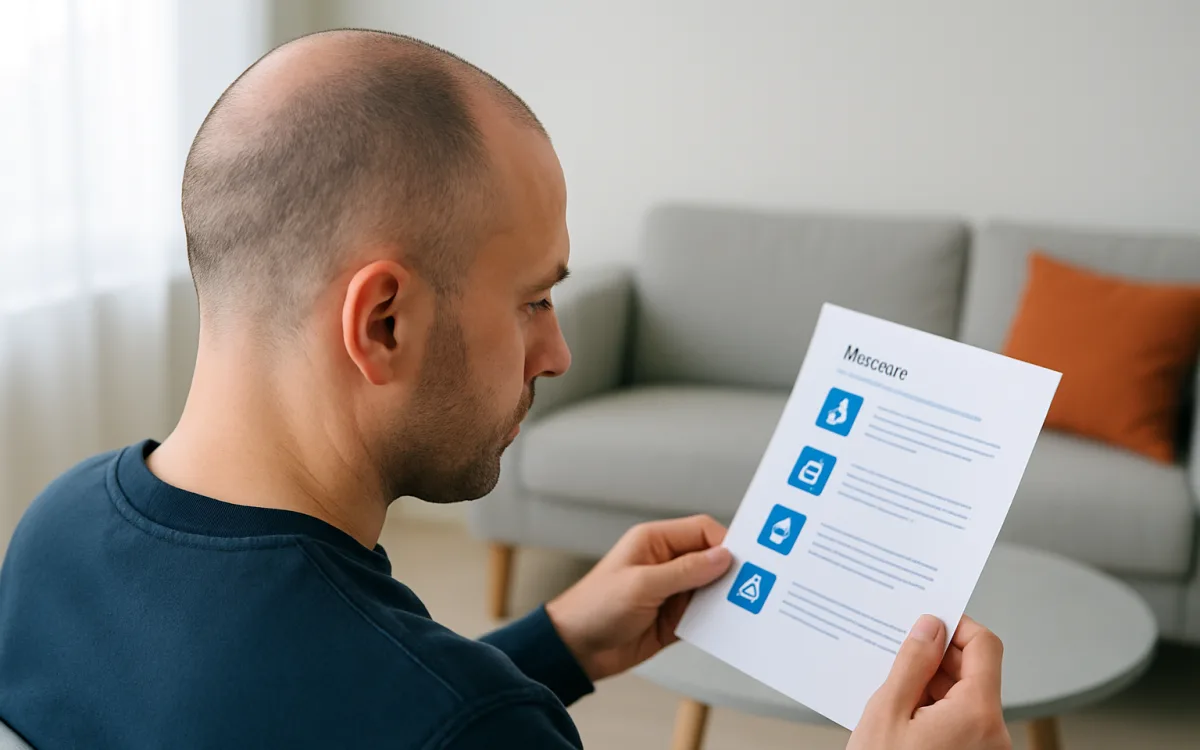 A man with a short haircut sits indoors, showing his scalp with mild redness and early hair growth while reading recovery instructions.