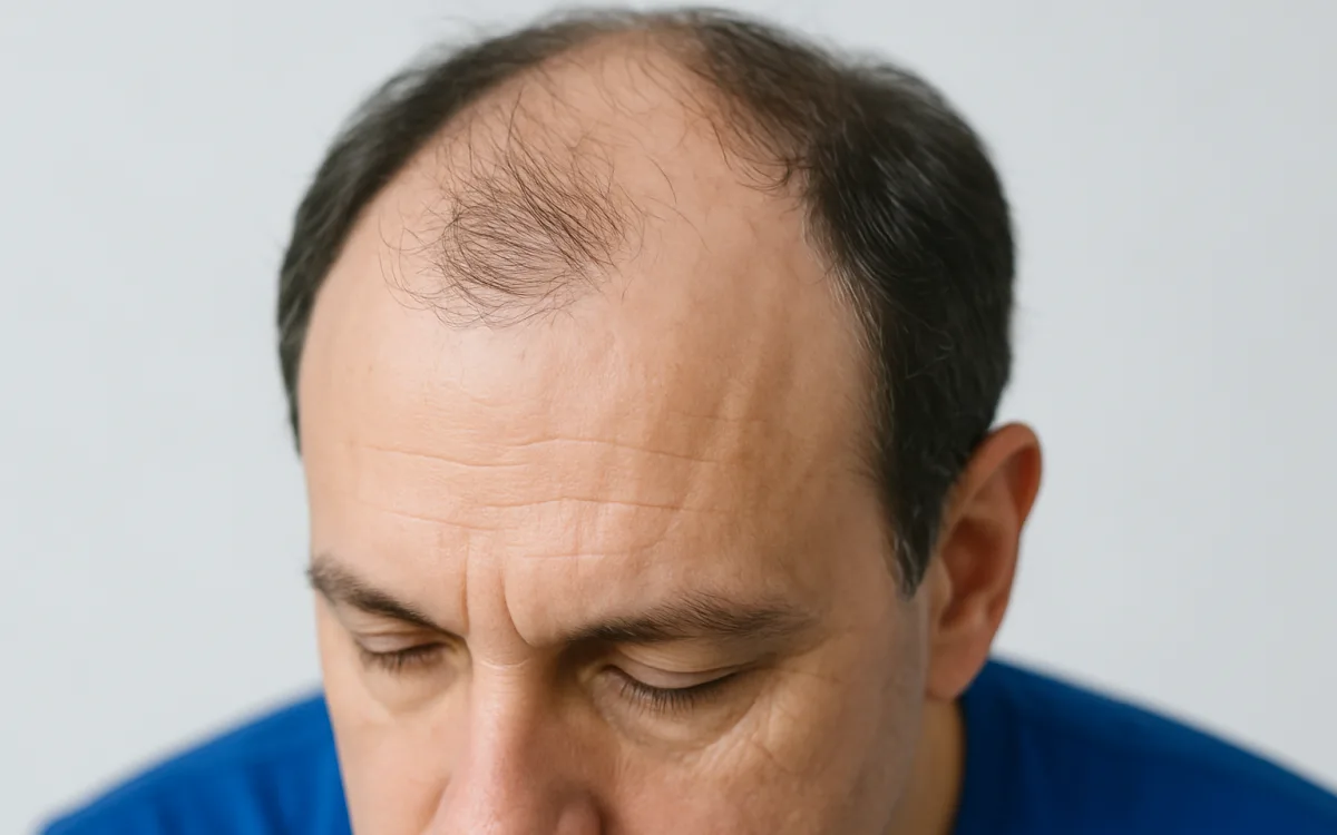 A close-up photograph of a man's forehead and hairline showing a natural, gently receding hairline with soft, irregular edges.