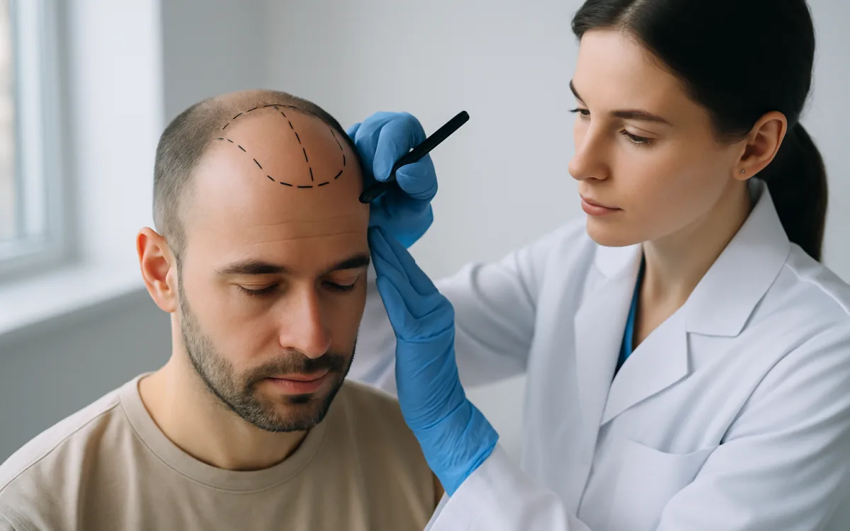 A doctor uses a marker to outline a patient's hair transplant zones on the scalp, showing planning and assessment before surgery.