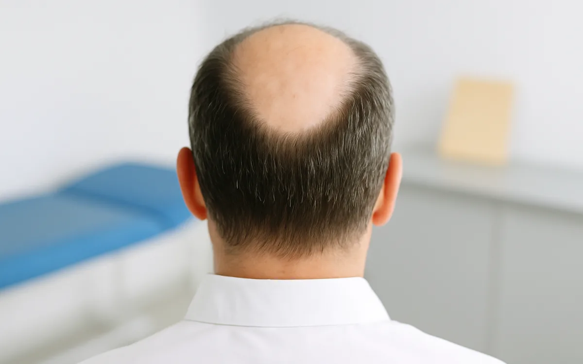 A close-up photograph of a man's head from behind, showing the contrast between thinning hair on the crown and a denser band of hair around the back and sides.