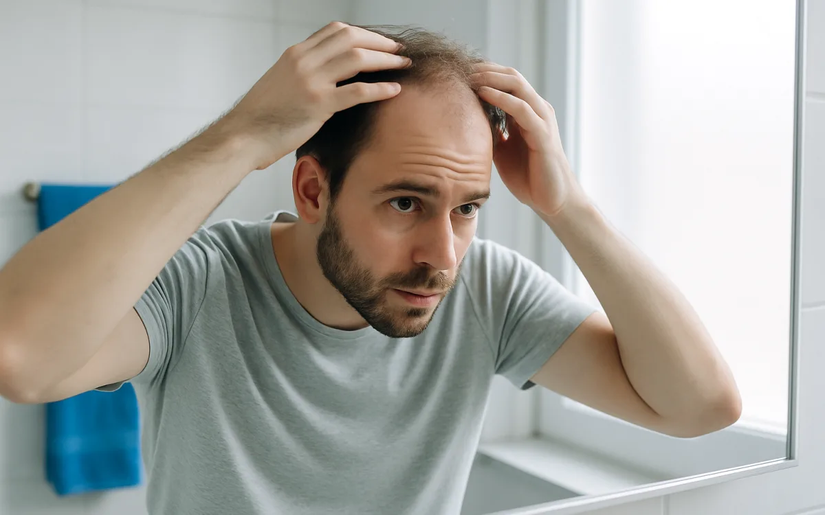 A man in his thirties examining his hairline and crown in a well-lit bathroom mirror to compare his hair loss stage.