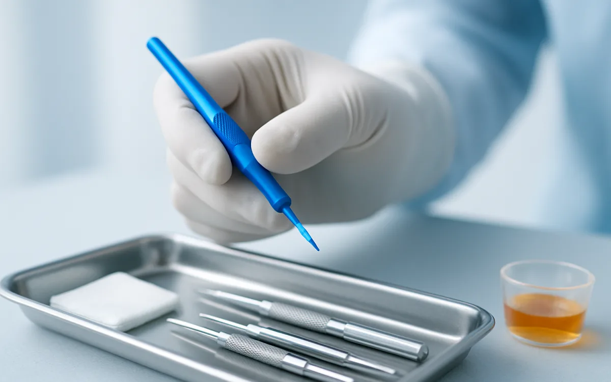 A close-up photo of a gloved hand holding a sapphire FUE blade tool above a surgical tray in a modern hair transplant clinic.