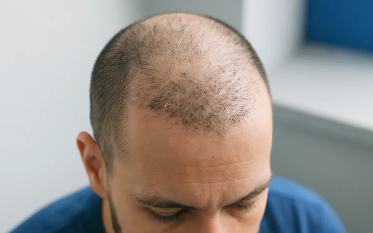 A close-up photo of a man's scalp three weeks after hair transplant surgery, showing patchy shedding and short regrowing hairs.