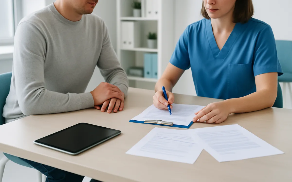 A patient consults with a Turkish hair transplant clinic coordinator, reviewing a printed package breakdown with clear inclusions and exclusions.